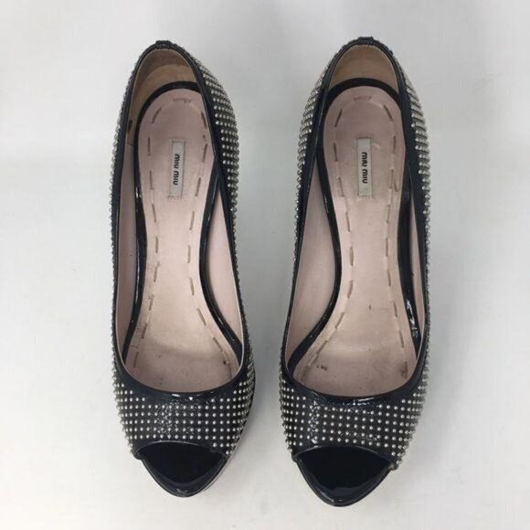 Miu Miu PRADA Shoes Heels Pumps Black Patent Studs Peep Toe Italy 39 - Picture 6 of 14